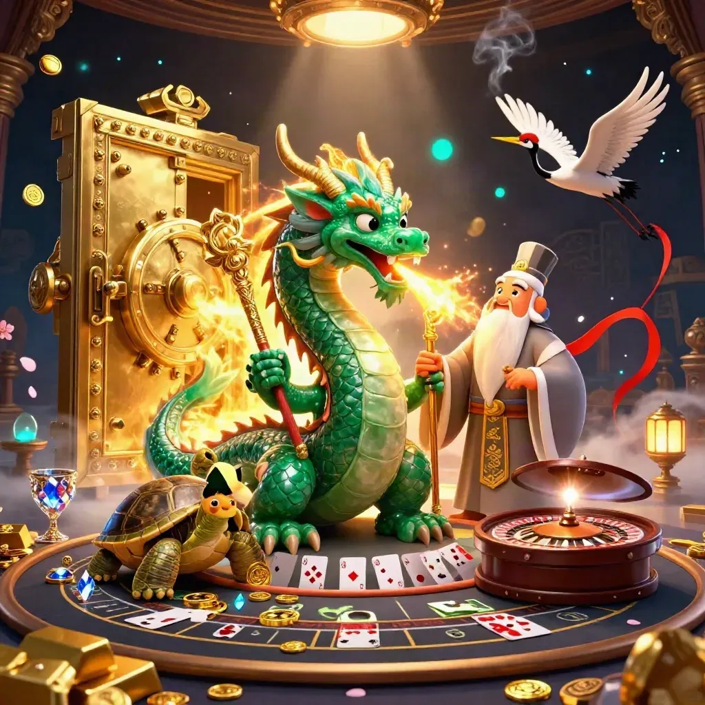 Emerald dragon, turtle sage, and cranes burst from a vault in a glowing casino scene.