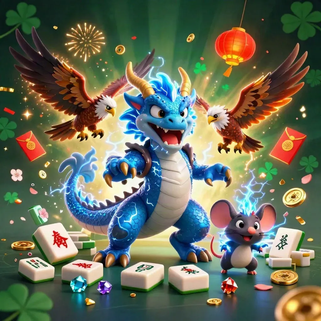 Thunder dragon, wind hawk and static mouse amid casino treasure and electric-blue lightning.