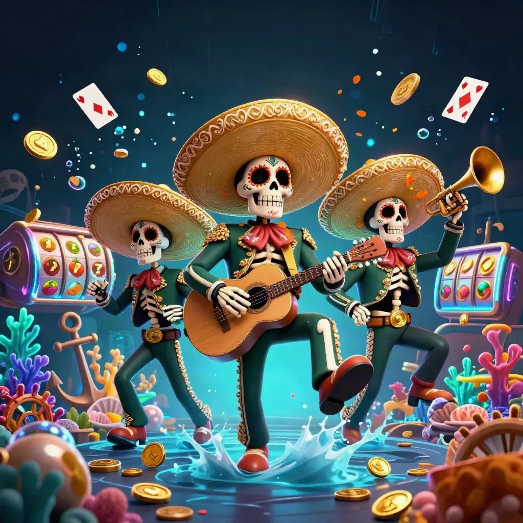 Three skeleton mariachi musicians in an underwater treasure cove with coins, coral, and neon energy