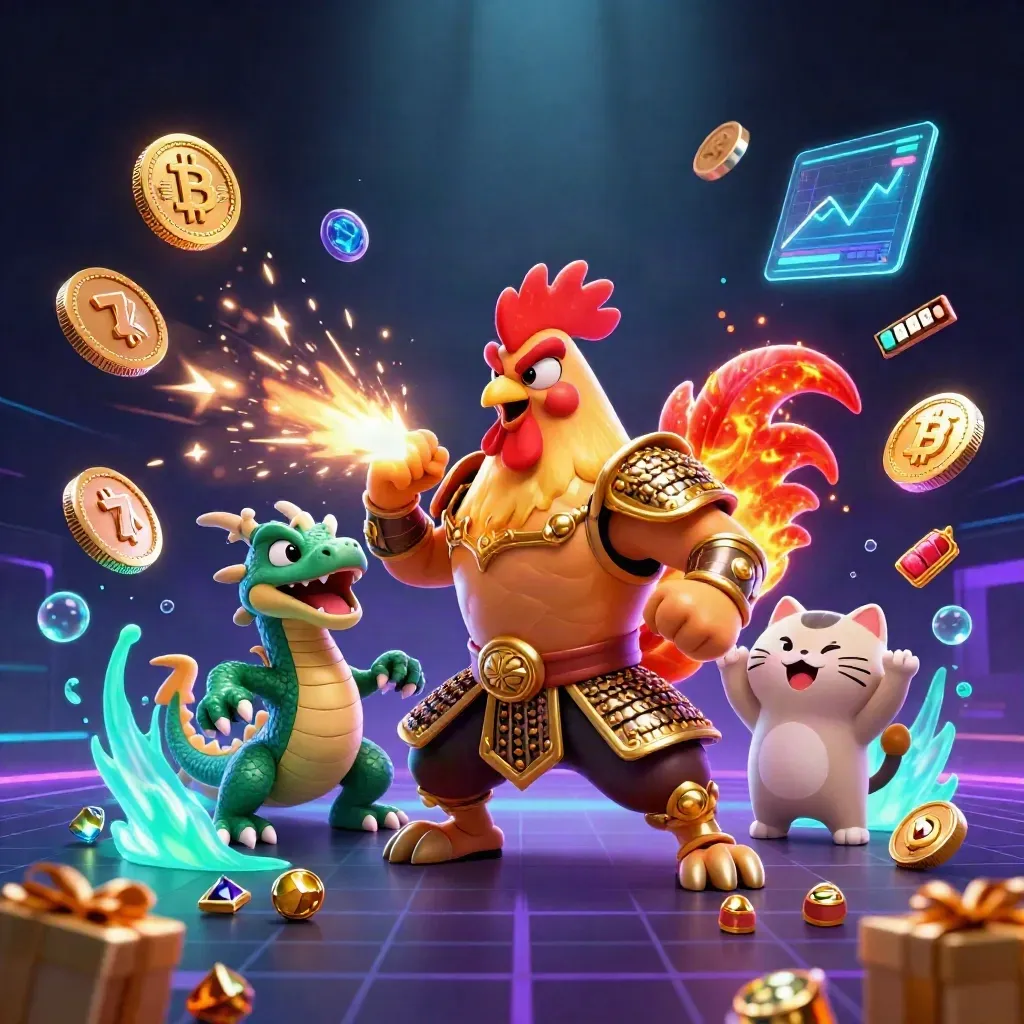 Rooster samurai, dragon hatchling, and fortune cat amid neon coins, gems, and casino effects