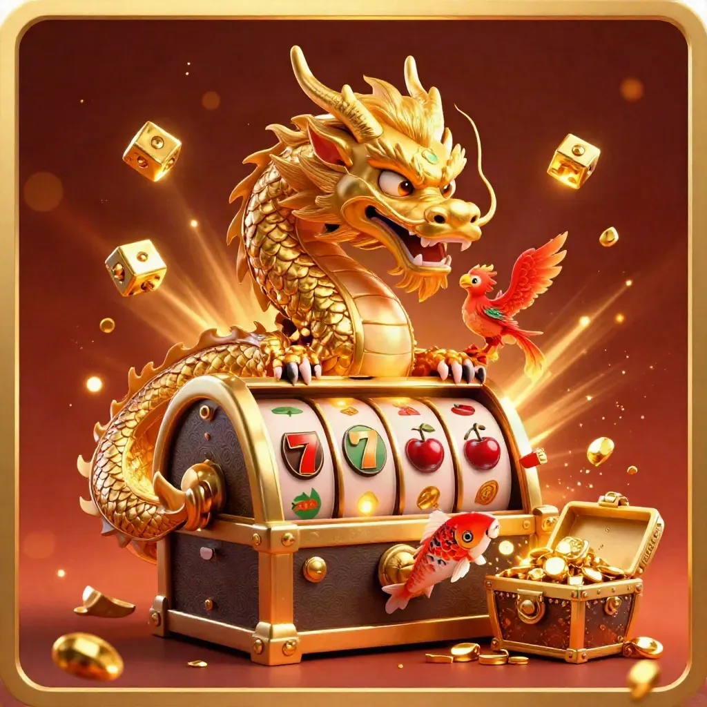 Golden dragon, red phoenix, and koi burst from a treasure chest amid slot-machine gold.