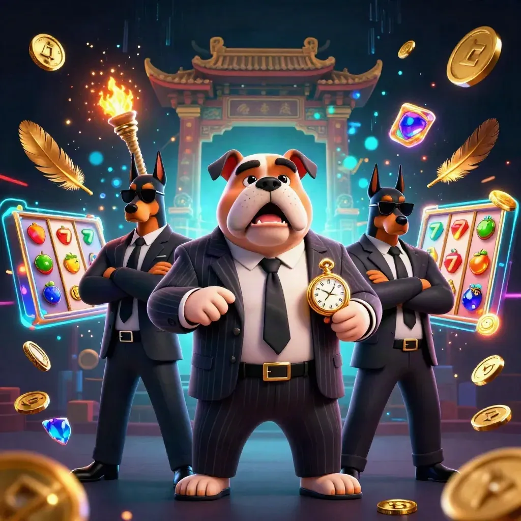Bulldog boss and two Dobermans in a neon casino action scene with coins, temple gate, and energy bolts