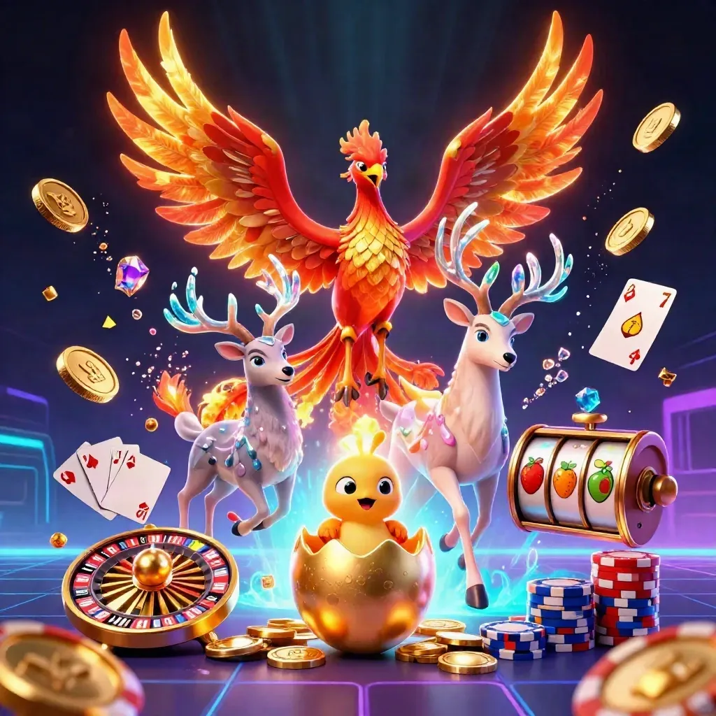 Phoenix trio, coins, gems, roulette, cards and poker chips in a neon casino fantasy