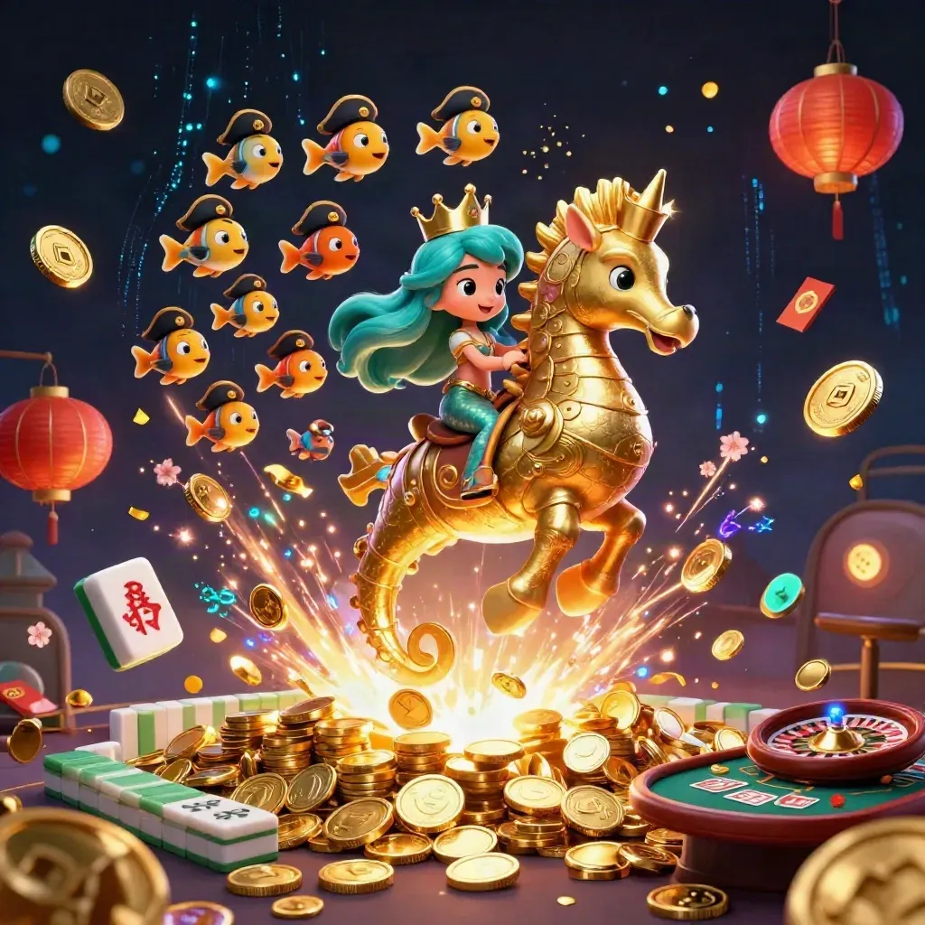 Mermaid princess on a golden seahorse amid coins, fireworks, lanterns, and casino symbols.
