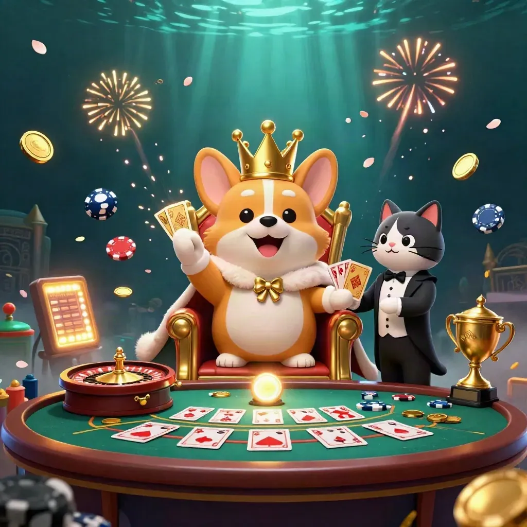 Royal corgi and cat butler celebrate amid coins, sports balls, a roulette wheel, and fireworks.