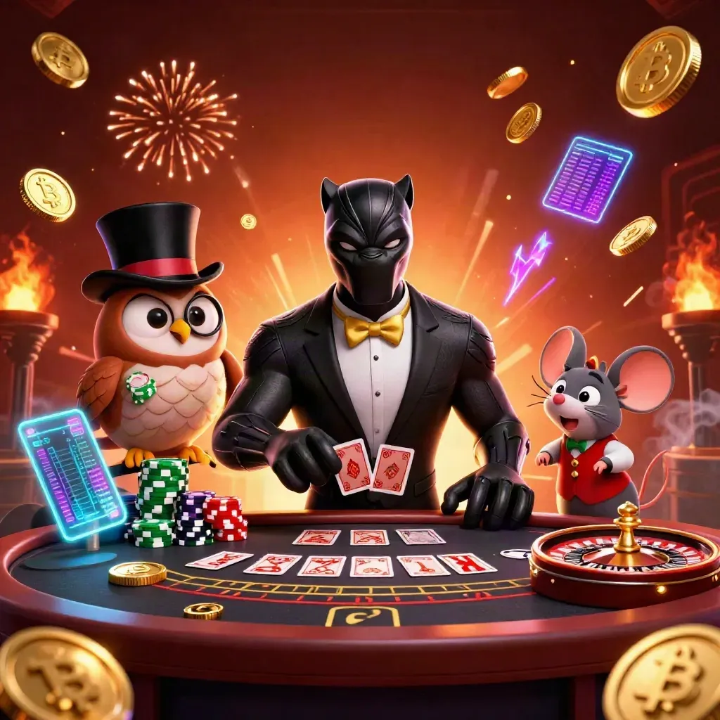 Panther, owl, and mouse amid exploding treasure, coins, and casino energy in a cinematic vault scene.
