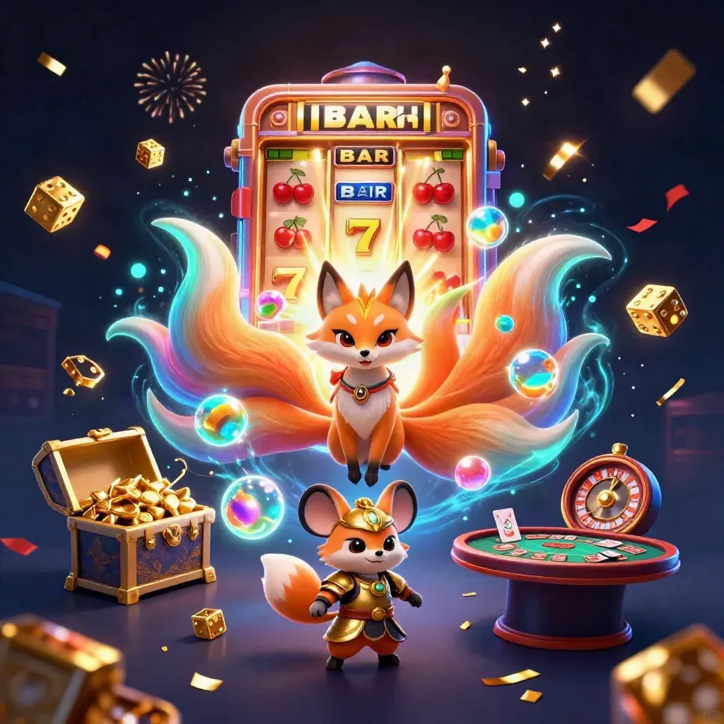 Fox spirit and armored mouse amid bursting slots, gold coins, dice, cards, and fireworks.