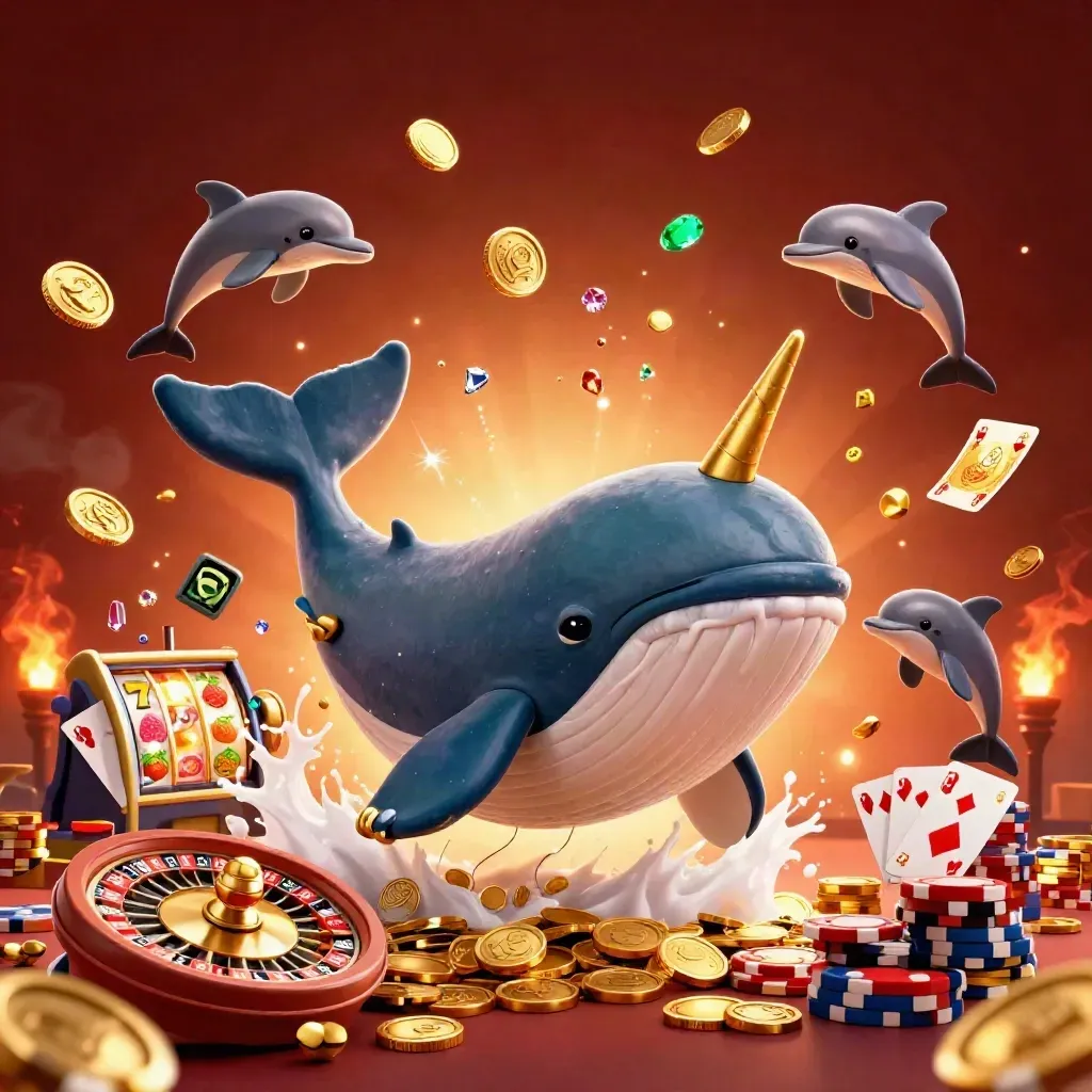 Captain whale, narwhal, and dolphins burst through coins with casino chips and glowing reels.