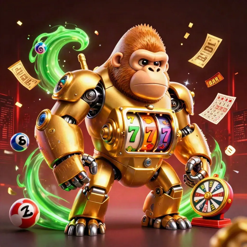 Golden gorilla slot-mech with tiny monkey pilot amid reels, bingo card, prize wheel and fireworks