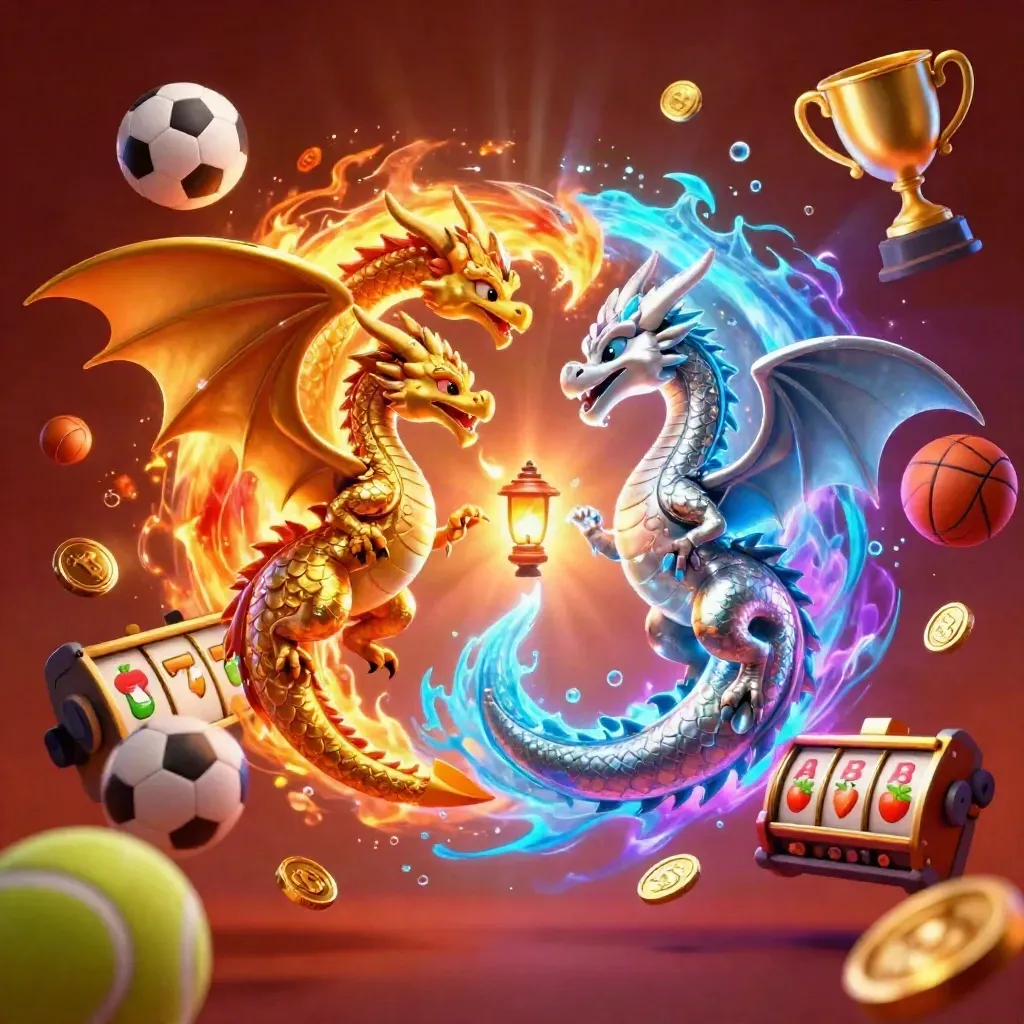 Twin gold and silver dragons form a yin-yang with lantern spirit, coins and casino icons swirling.