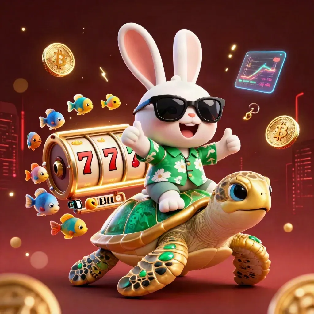 Lucky rabbit rides a golden sea turtle amid casino coins, reels, lightning, and glowing effects.