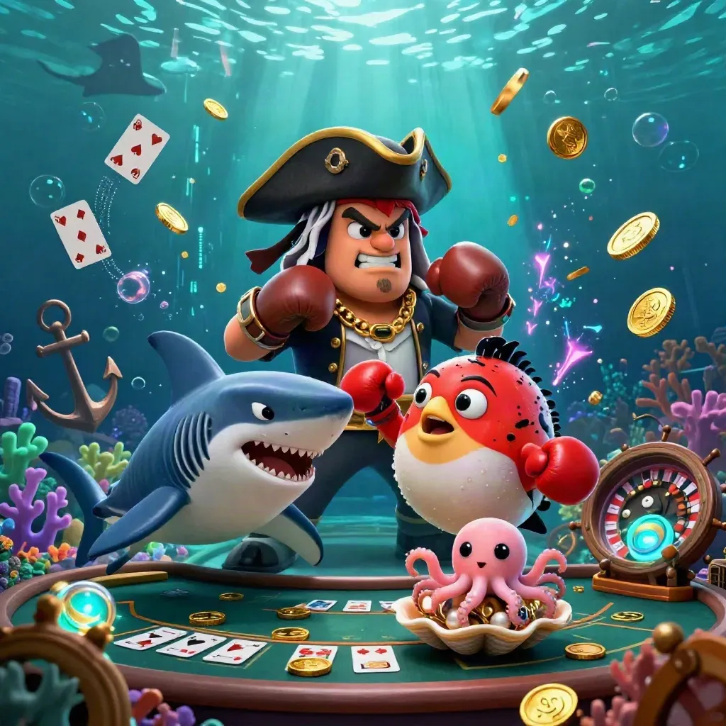 Pirate shark, boxing pufferfish, and juggling octopus amid coins and underwater casino glow