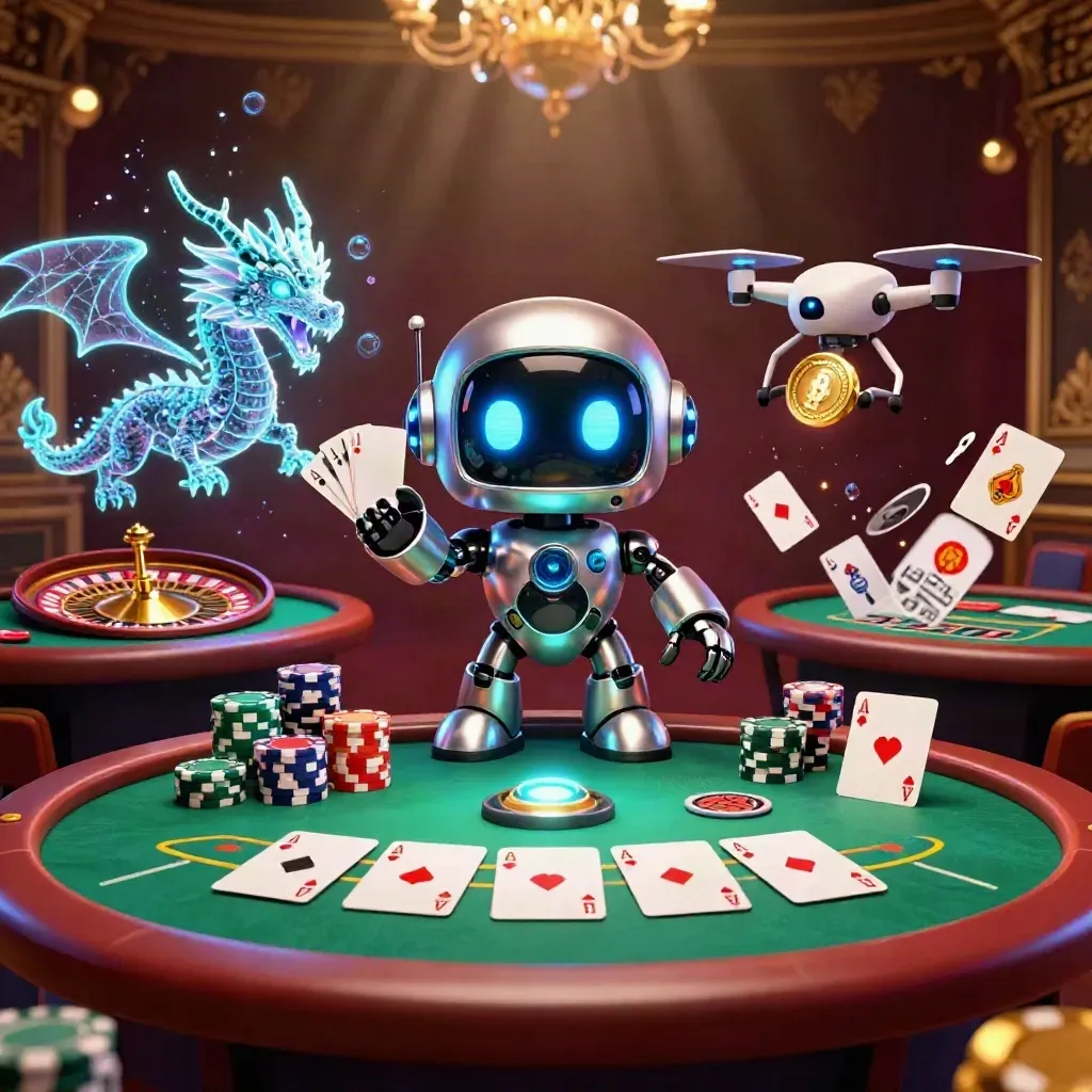 Chrome robot, holographic dragon and coin drone amid casino chips, cards and glowing lights.