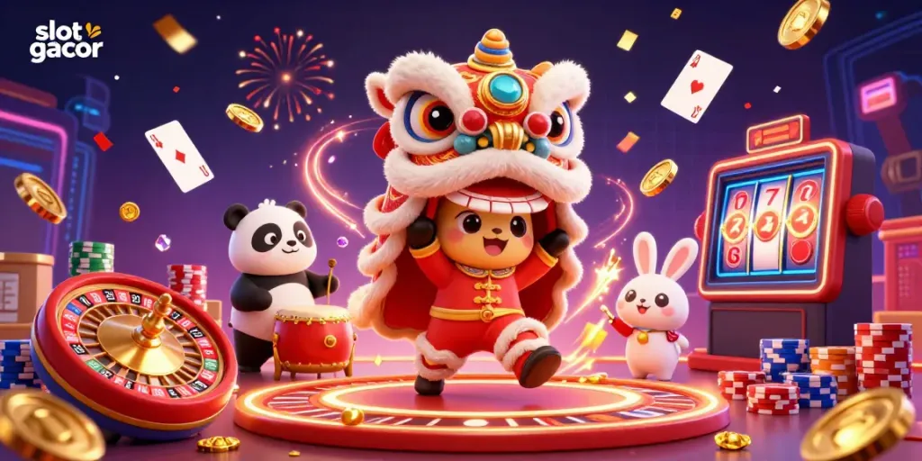 Gambarkan slot gacor dengan karakter kostum harimau yang mengikuti tarian, di tengah koin emas bertebaran.