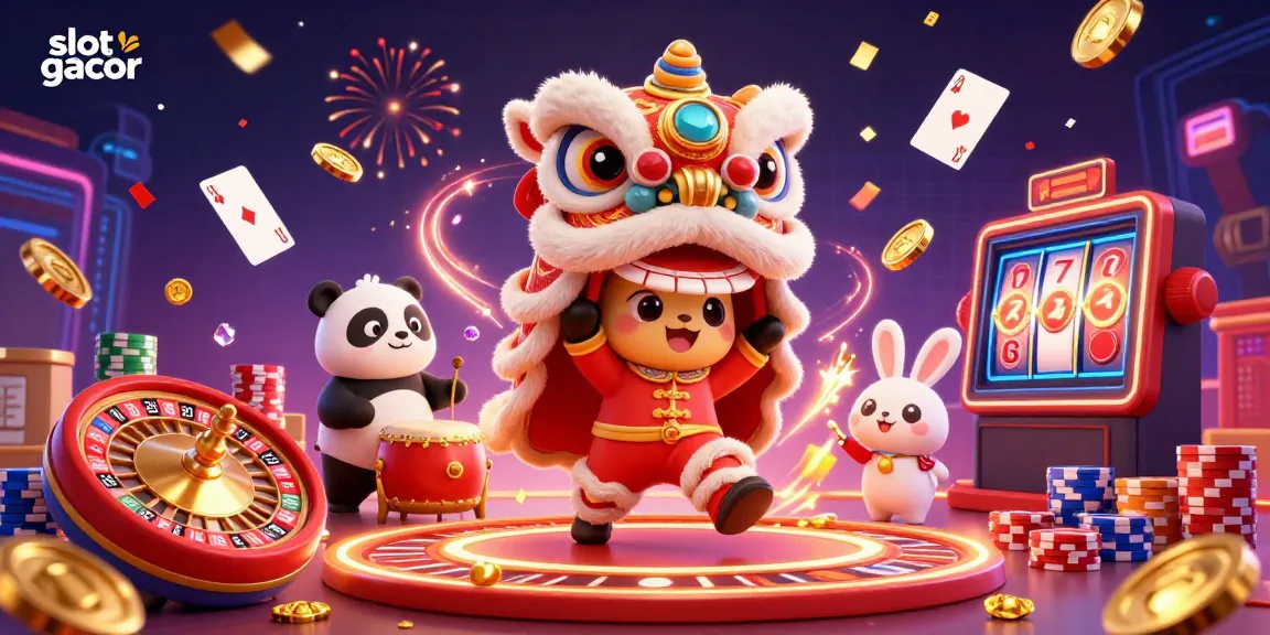 Gambarkan slot gacor dengan karakter kostum harimau yang mengikuti tarian, di tengah koin emas bertebaran.