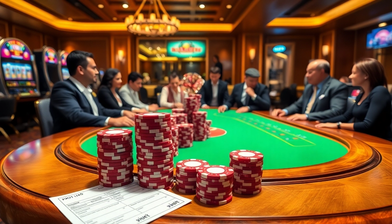 Experience excitement at i9bet casino with players engaged in poker and vibrant slot machines.
