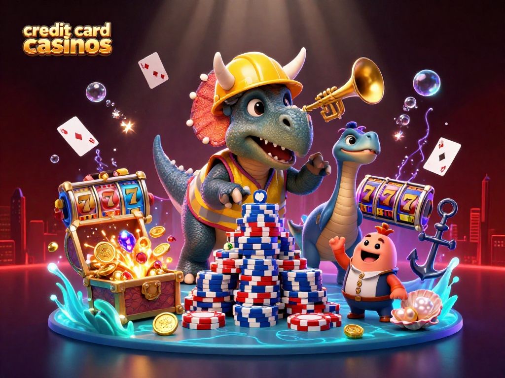 Engage with credit card casinos featuring vibrant cartoon dinosaurs celebrating around poker chips.