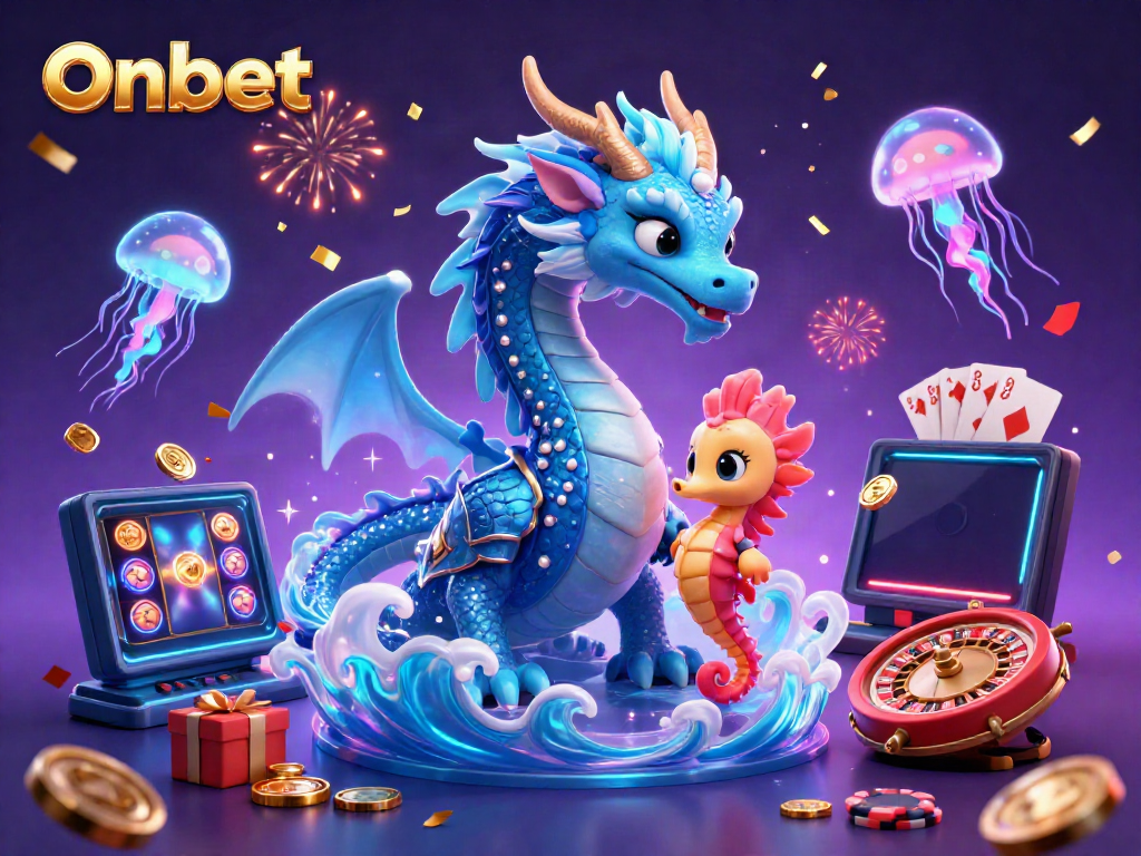 Experience Onbet with a vibrant 3D scene featuring a water dragon, seahorse knight, and shimmering casino elements.