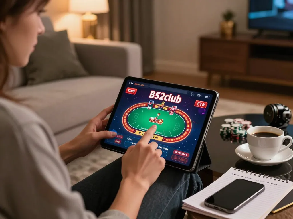B52club user playing poker on tablet in cozy living room with stylish decor.