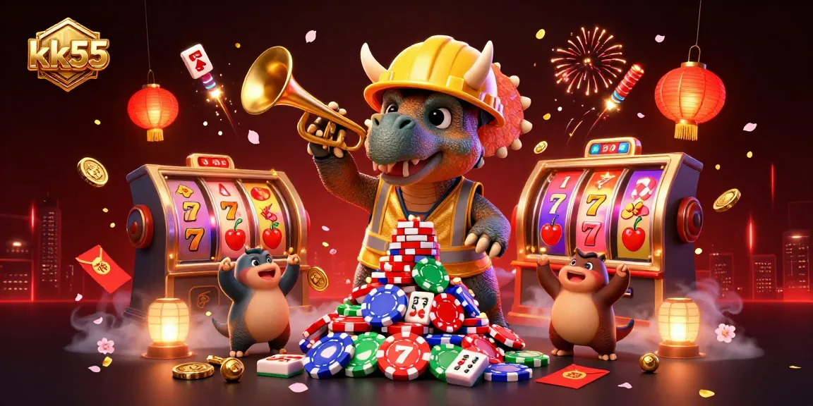 Celebrate the thrill of gaming with kk55 as a jubilant triceratops builds a poker chip pyramid in an energetic casino scene.