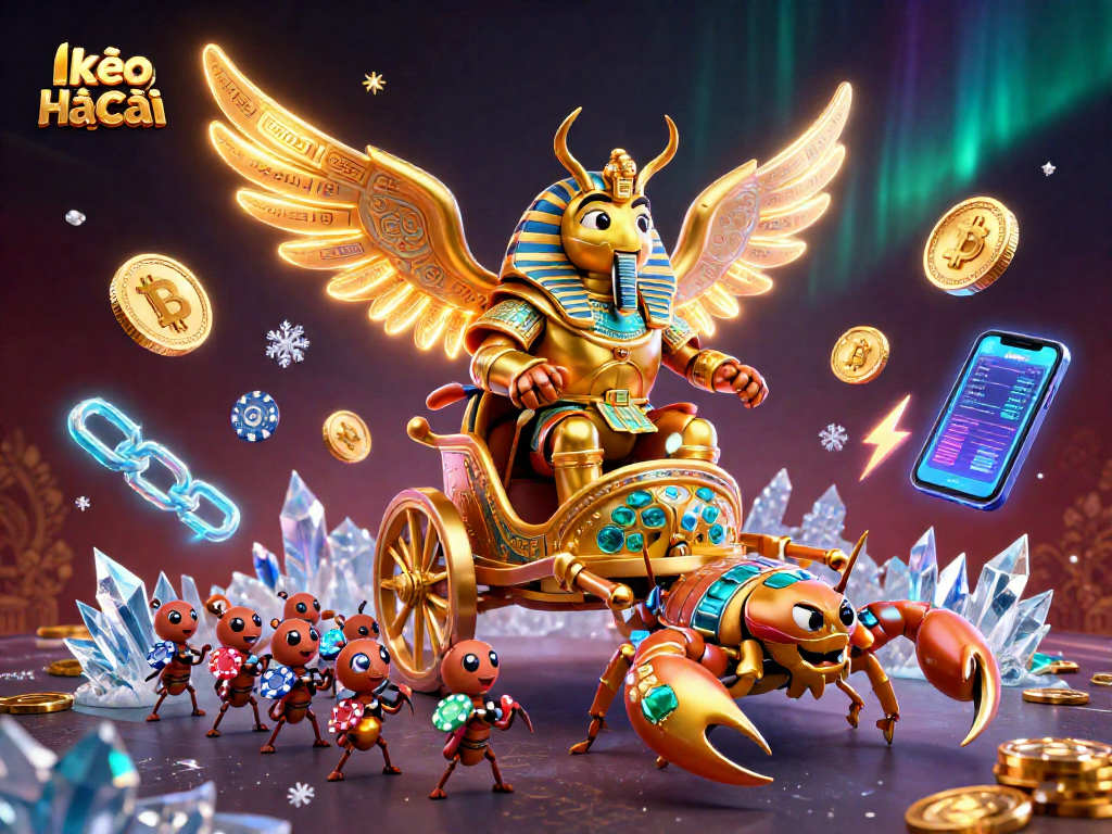 Engage with kèo nhà cái in this vibrant 3D illustration featuring a golden scarab beetle and scorpion chariot.