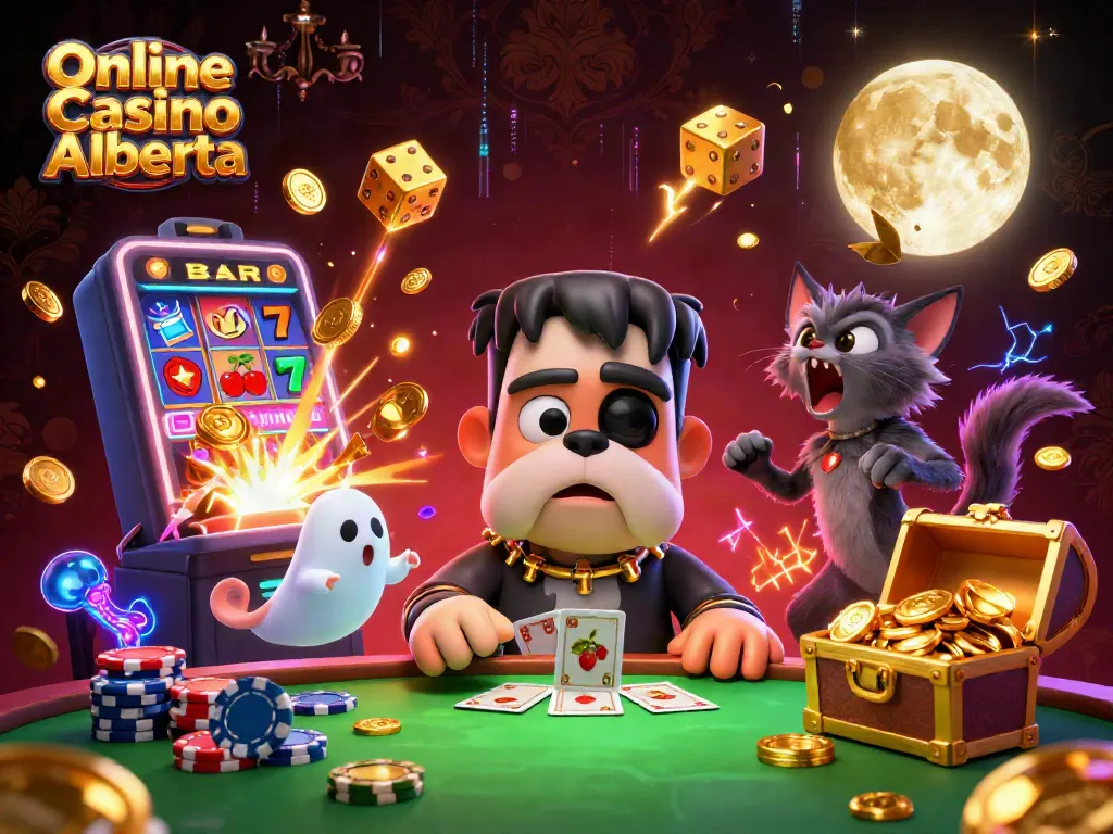 Engage with thrilling games at Online Casino Alberta with a cartoon bulldog dealer and gold-themed elements.