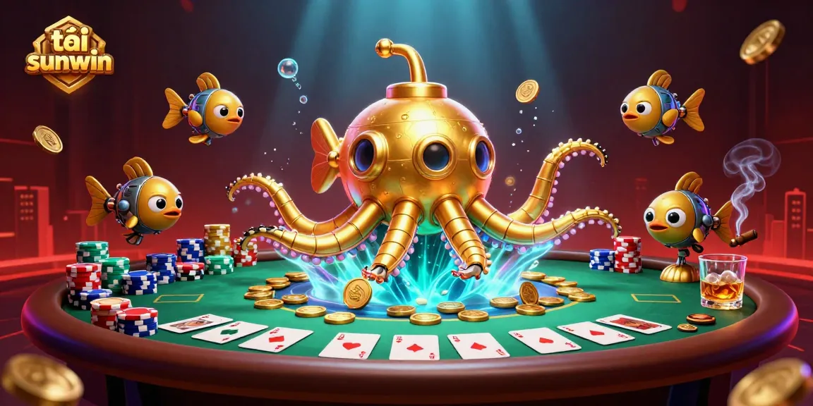 Play tải sunwin in a vibrant scene with a golden kraken and poker elements.