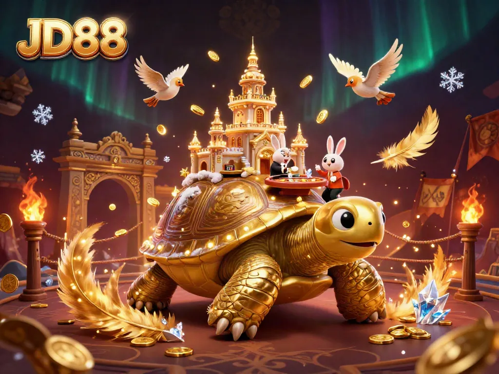 Win big at JD88 casino with a golden tortoise, rabbit dealer, and golden coins flying around.