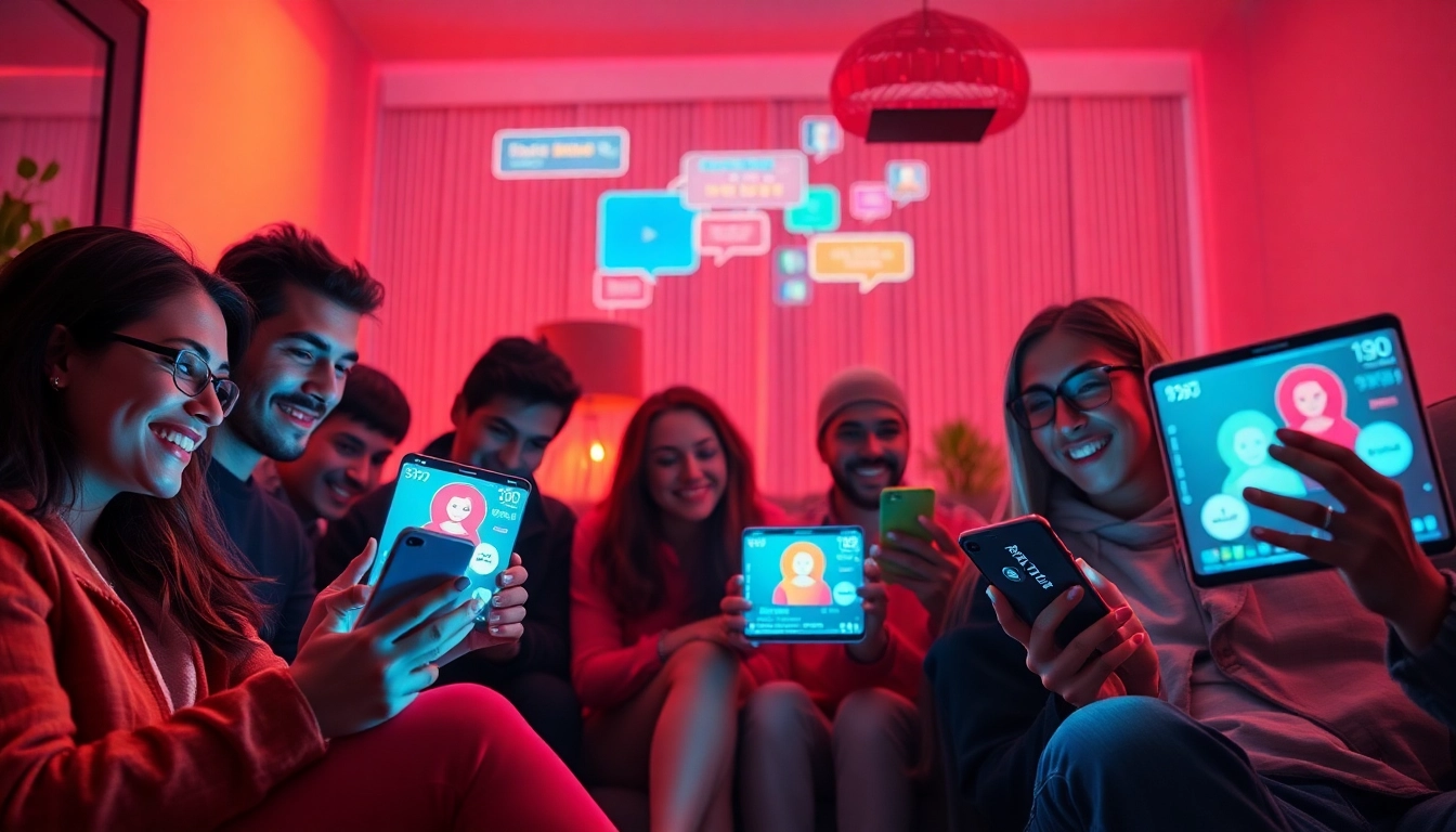 Interactive spicychat scene with diverse users engaging in vibrant AI conversations.