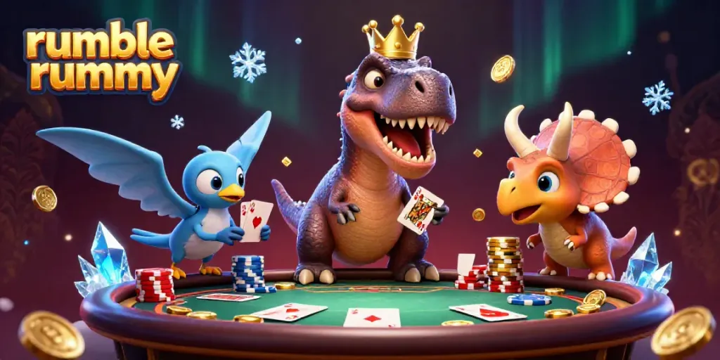Engage in thrilling poker action with Rumble Rummy, featuring a T-Rex, pterodactyl, and baby triceratops.