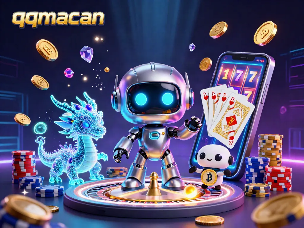 Experience thrilling gaming with qqmacan's engaging 3D scene of a cyberpunk robot and vibrant casino elements.