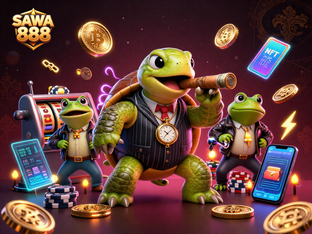 Spin and win at SAWA 888 with a vibrant 3D casino scene featuring fun characters and crypto elements.