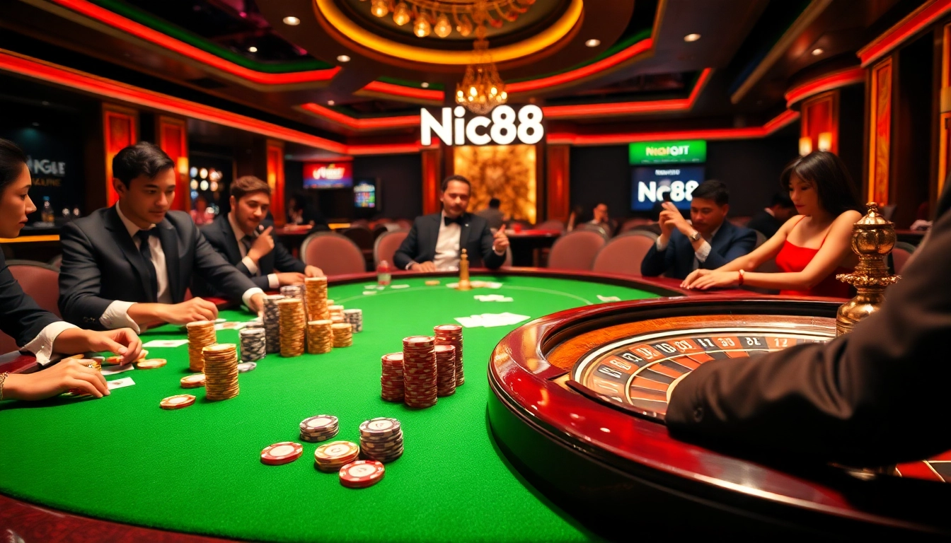 Nc88 poker game with luxury felt table, strategic players, and vibrant casino atmosphere.