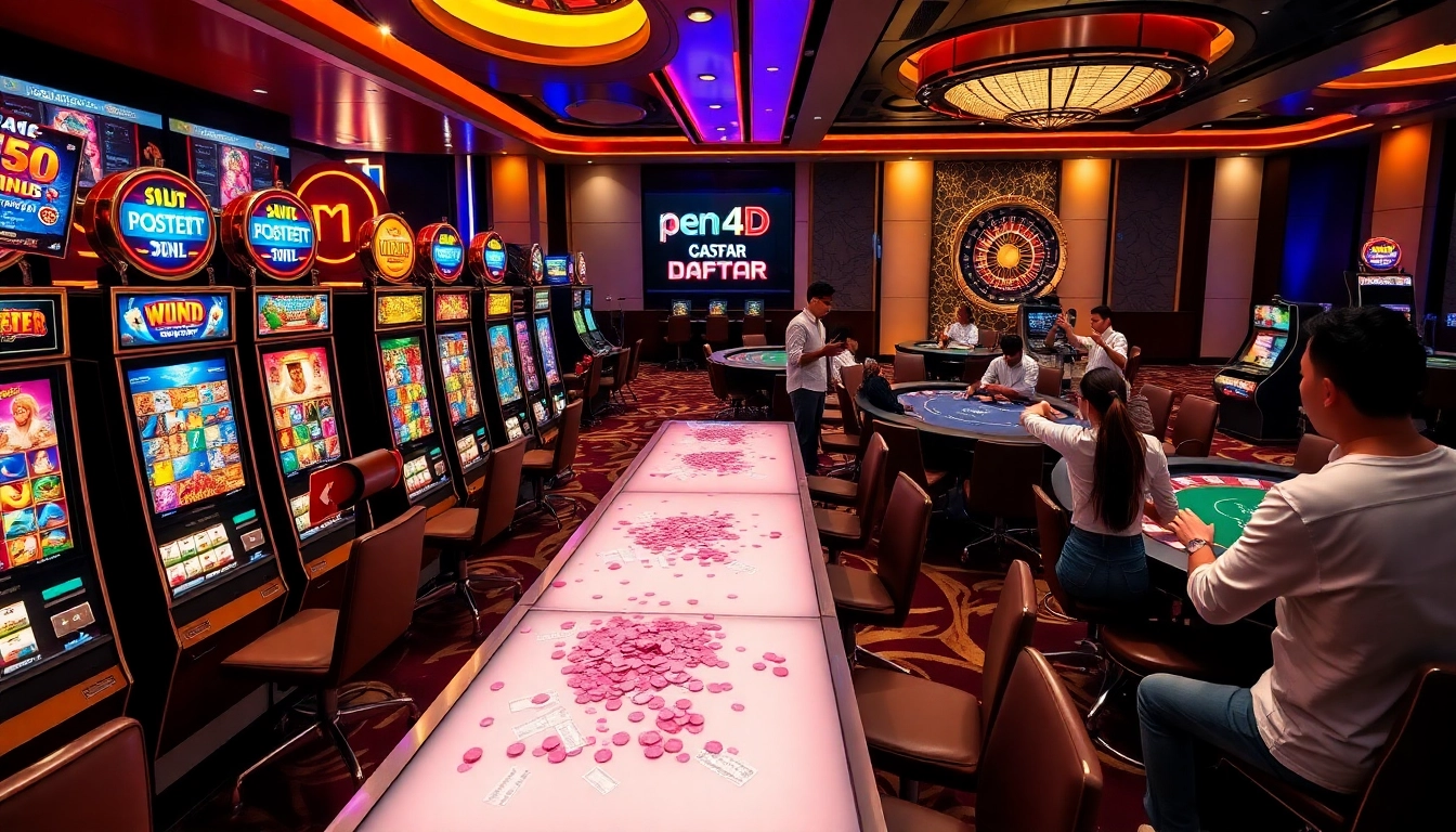 PEN4D daftar slots with vibrant designs and enthusiastic players celebrating wins in a luxurious casino setting.