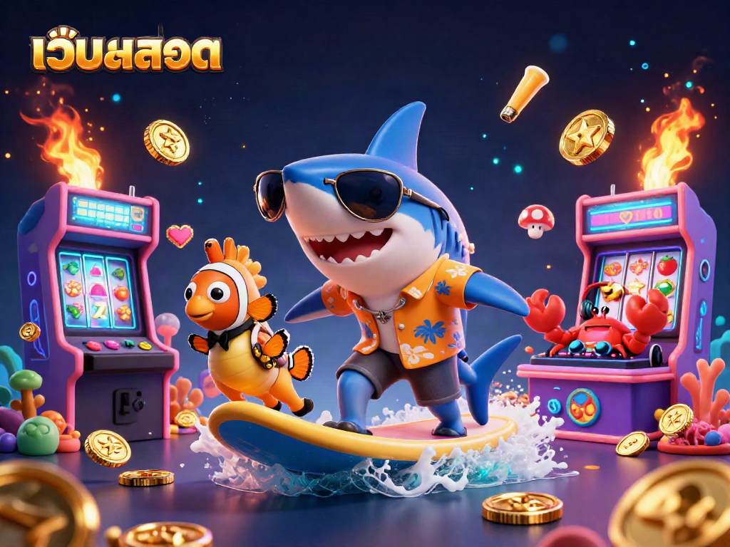 Engage with เว็บสล็อต through an exciting 3D illustration featuring a shark, clownfish, and crab in a vibrant casino scene.
