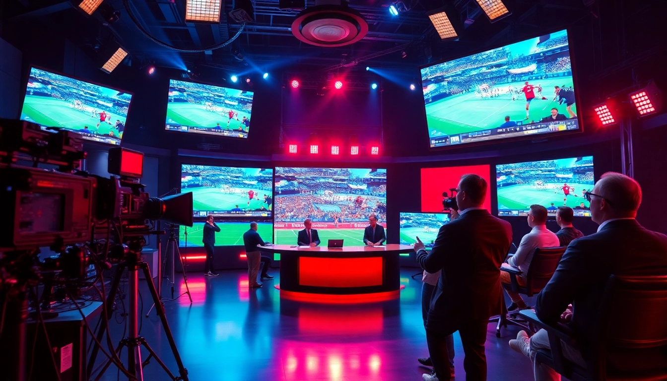 Engaging scene of sports broadcasting studio with dynamic lighting and vibrant colors.