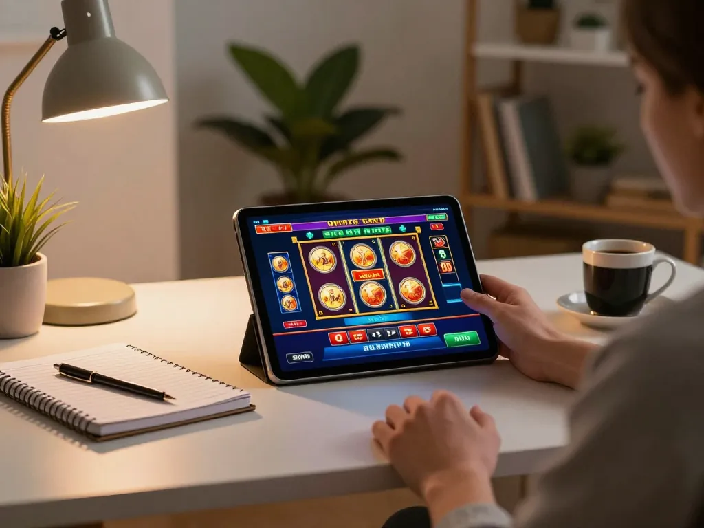 Pengguna yang terlibat bermain permainan slot di tablet aman788 dalam pengaturan rumah yang nyaman dengan elemen strategis.