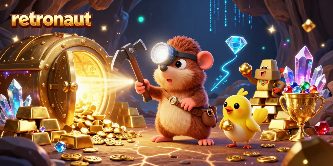 Win big with retronaut's treasure hunter mole exploring a cave filled with gems and gold.