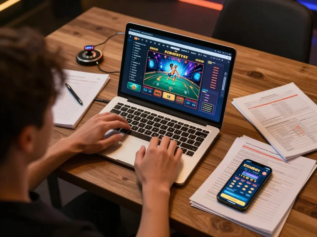 Player strategizing in a home gaming setup with 99Win on display, showcasing responsible online gambling.