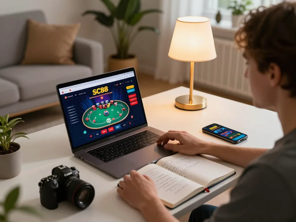 Experience online gaming at https://sc88.casino/ with an engaging poker game on a cozy home desk setup.