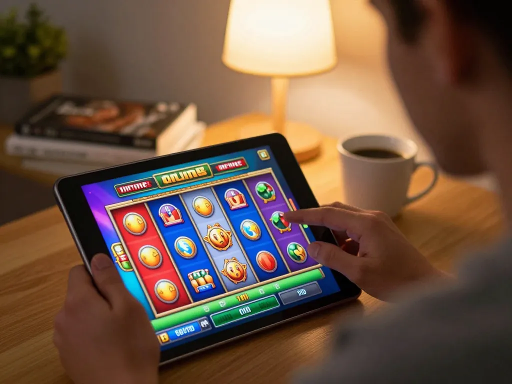 Seorang pemain memutar gulungan pada permainan slot online aman788 selama sesi permainan di rumah yang nyaman
