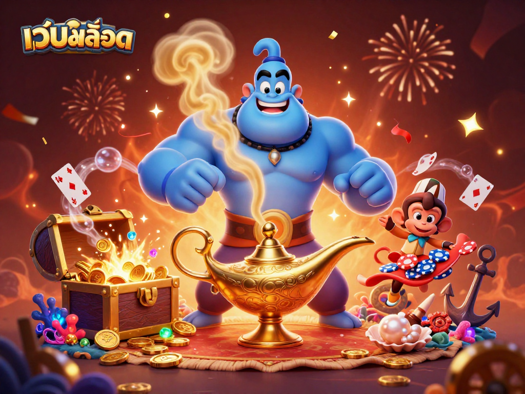Engage in เว็บสล็อต excitement with a dynamic 3D gaming scene filled with treasures, characters, and dazzling effects.