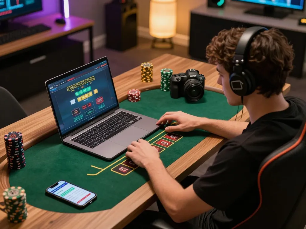 Player engaging in strategic online blackjack on laptop while monitoring bankroll on smartphone at home.