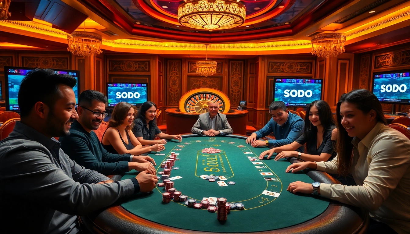 A lively poker game at a luxurious casino showcasing SODO-themed decor with chips, cards, and players engaging.