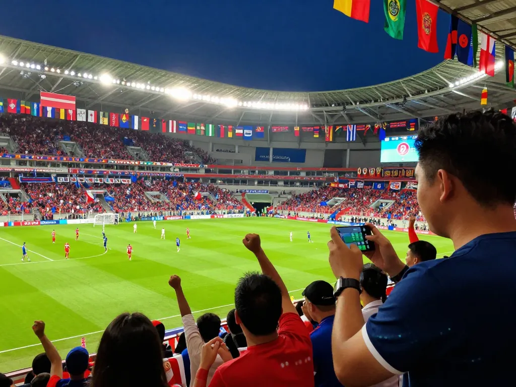 Fans celebrating soccer matches while checking now goal live scores in a vibrant stadium atmosphere.