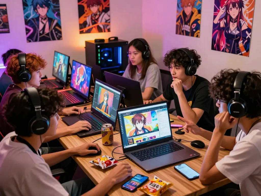 Group of gamers enjoying porngames in a vibrant gaming environment