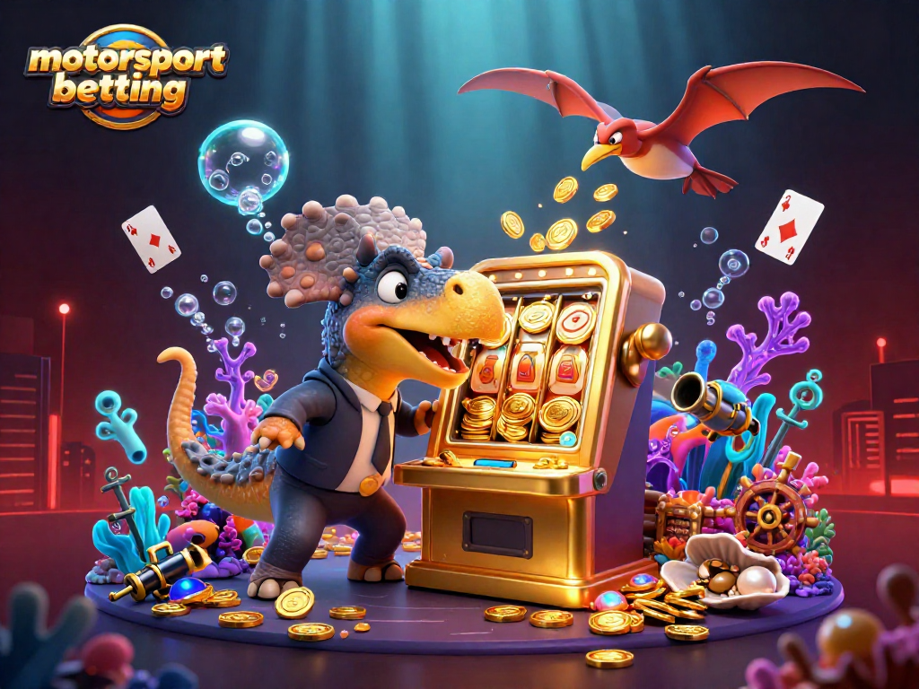 Experience motorsport betting excitement with a vibrant 3D scene featuring casino characters and dynamic game elements.