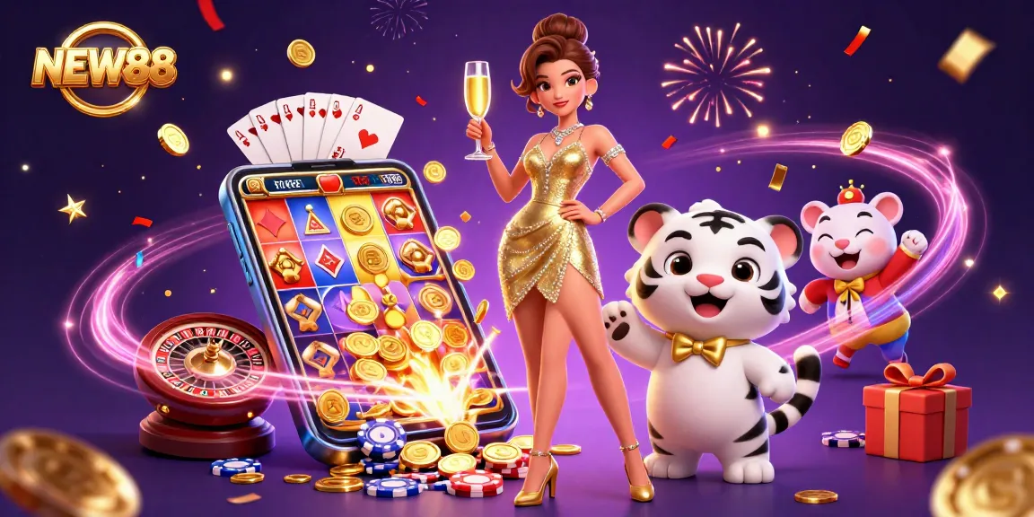 Experience the excitement at NEW88 with a glamorous casino scene featuring vibrant games and luck!