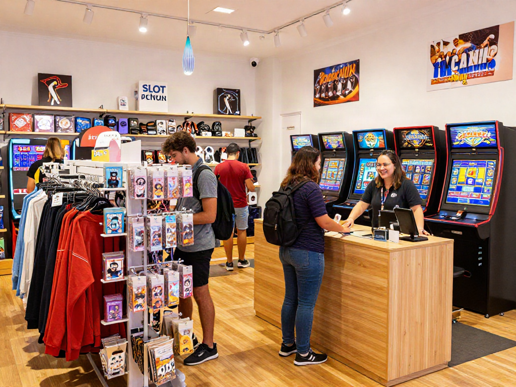 Shoppers engaging with slot-themed merchandise in an e-commerce retail store.