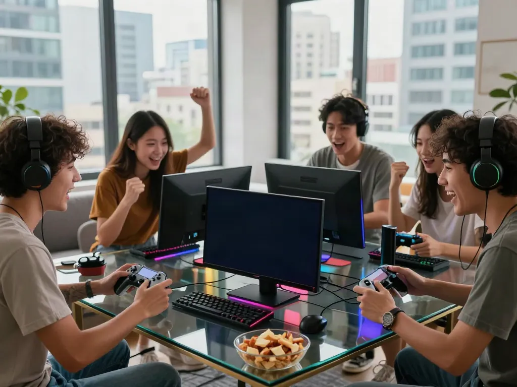 Akunjp urban gaming scene with friends engaging in online betting together in a stylish apartment.